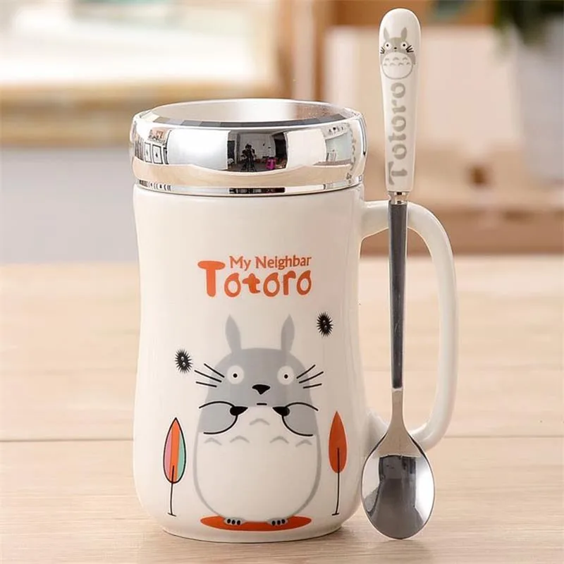 450ml Doraemon Ceramic Coffee Mugs with Mirror Lid and Spoon Cute Totoro Tea Cup Milk Mug for Women Girls Student Teen - Цвет: Totoro-O