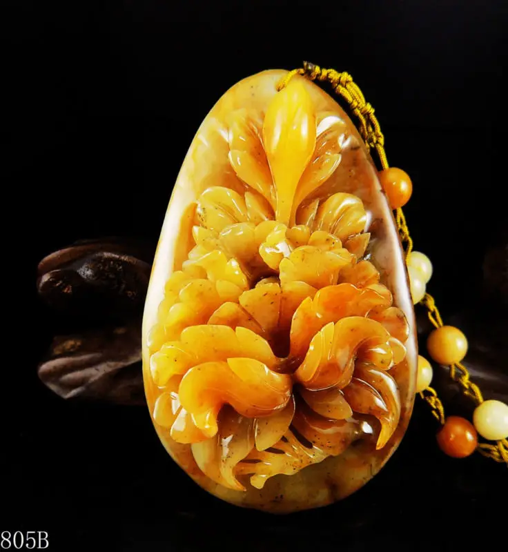 

100% Natural Hand-carved Chinese Jade Pendant jadeite Necklace peony flower 805b