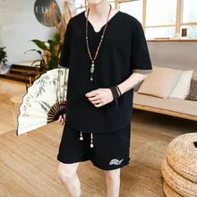 Китайский Стиль льняные шорты с короткими рукавами, костюм с вышивкой из хлопка и льна летние свободные тонкие шорты из двух предметов