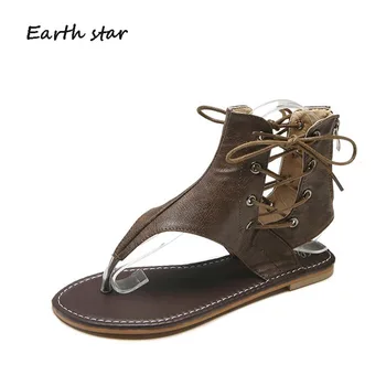 

EARTH STAR 2018 New Shoes Women Brand Sandals Lady Rome Style Fashion chaussure Summer Gladiators Cross-tied Flats Female Brown