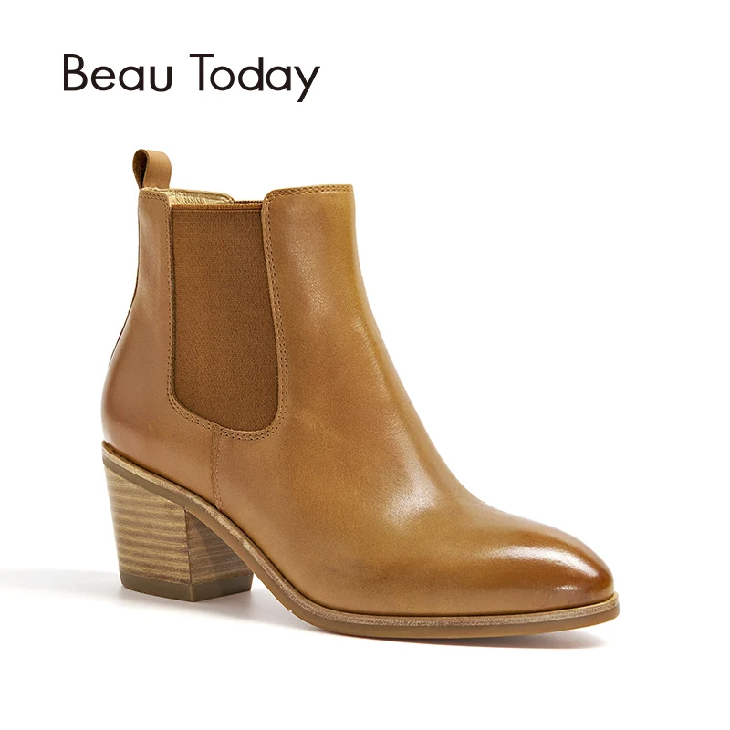 

BeauToday Women Chelsea Boot Genuine Waxing Cow Leather Pointed Toe Elastic Band High Heel Autumn Winter Lady Ankle Boots 03335