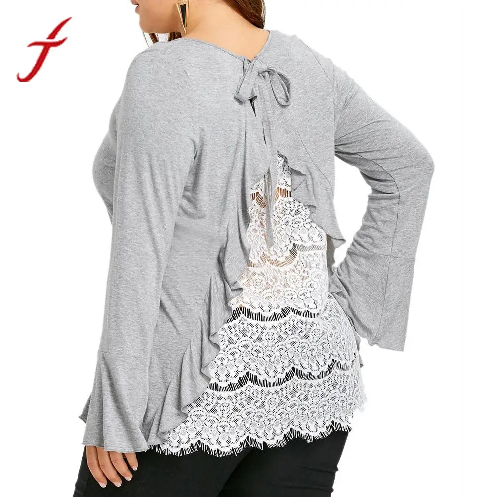 

FEITONG Plus Size Women Blouse Fashion Gray Back Lace Shirt Long Sleeve Casual Shirt 2019 Spring Summer Tops Blusas