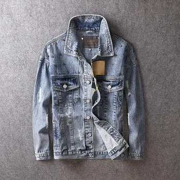 

American Streetwear Fashion Men Jackets Retro Blue Ripped Coats Casual Outwear Punk Style Biker Jackets Hip Hop Denim Jacket Men