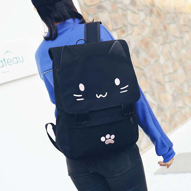 Women Cute Cat Backpack Canvas Girl School Backpacks Kawaii Cartoon Large Capacity Student Rucksack Lovely Casual Mochila BP0200 (6)