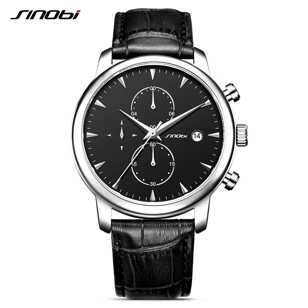 

SINOBI Luxury Brand Chronograph Men Sport Watches Fashion Leather Band Waterproof Quartz Wrist Watch Clock relogio masculino