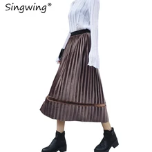 Singwing, высокая талия, Женская юбка, плиссированная, Вельветовая, длинная, тонкая, повседневный стиль, сплошной цвет, до середины икры, женские юбки