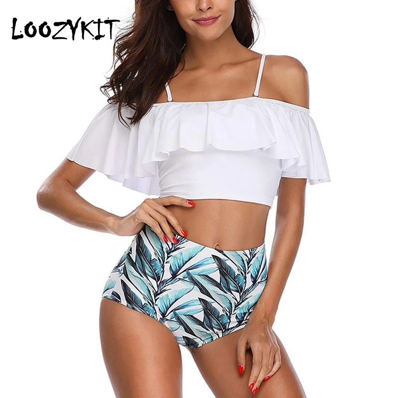 

Loozykit Women Swimwear High Waist Two-Piece Swimsuit Spaghetti Strap Bikini Floral Retro Bathing Suit Plus Size 2XL Beachwear