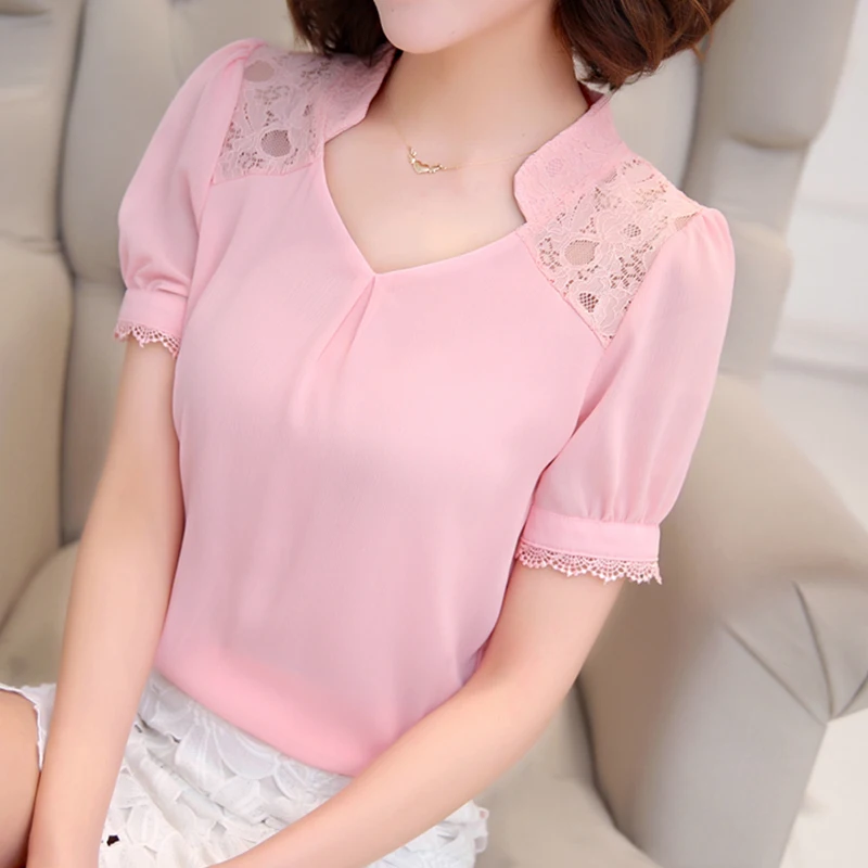 Women Lace Chffion Shirt 2017 Summer Ladies Elegant Office