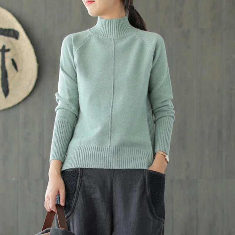 

Johnature Korean Casual All-match Solid Color Sweater 2019 Autumn Winter New Semi High Collar Pullover Long Sleeve Women Sweater
