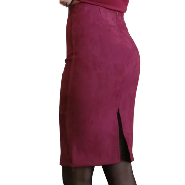 AISIYIFUSHI замшевая миди-юбка-карандаш c высокой талией, эластичные юбка-карандаш Осенняя женские юбки Элегантная черная упаковка юбка плюс Размеры - Цвет: Red wine