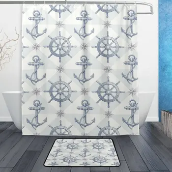 

Retro Vintage Nautical Anchor Shower Curtain and Mat Set, Steering Wheel Waterproof Fabric Bathroom Curtain