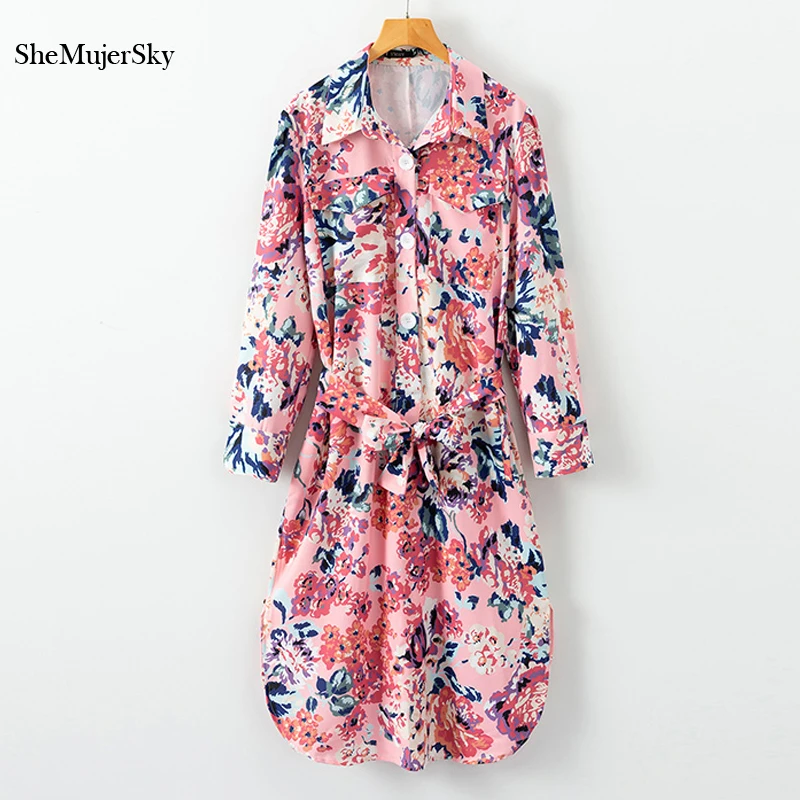 

SheMujerSky Floral Print Women Shirt Dress Autumn Long Sleeve Midi Dress With Belt Turn-down Collar Dresses Bodycon
