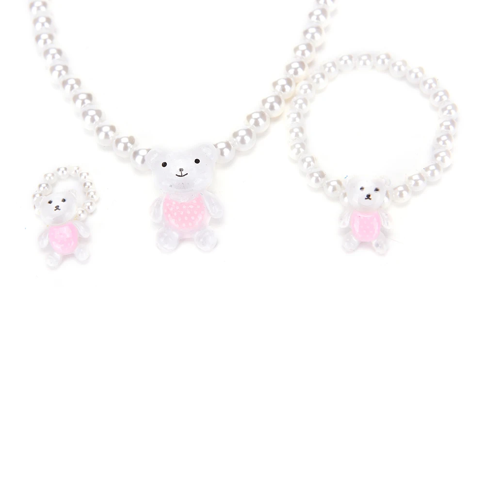 new style necklace designs Bear Rabit Necklace Ring Bracelets For Kids Girls Children White Imitation Pearl Beads Jewelry Sets Send Randomly new style necklace design