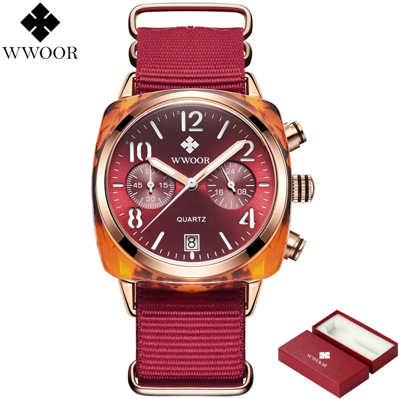 WWOOR роскошные женские часы, кварцевые часы с хронографом и датой, женские брендовые водонепроницаемые розовые нейлоновые женские наручные часы, женские подарки - Цвет: Красный