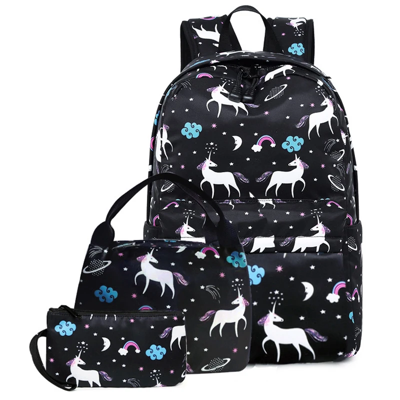 

3pcs/Set Women Unicorn Printing Designer Backpack Schoolbag for Teenagers Girls Lunch Box Computer Student Book Bag