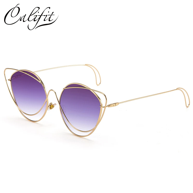 CALIFIT Ladies Rose Gold Thin Frame Sunglasses Cat Eye Hollow Purple Gradient Lens Fashion Brand Designer Women Shades Trending |