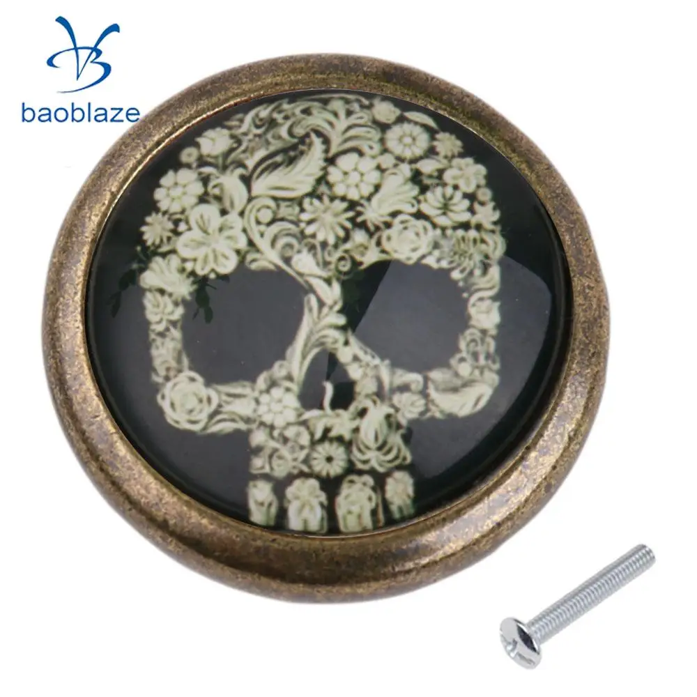 2 Pieces Skull Prints Antique Brass Cabinet Drawer Round Pulls Wardrobe Cabinet Door Cupboard Knob