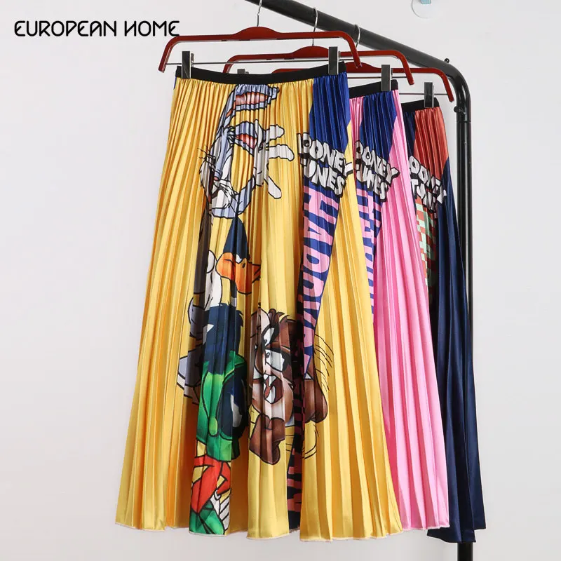 

European Home 2019 New Summer clothes for women High waist skirt cartoon print plus size pleated skirt casual long skirts womens