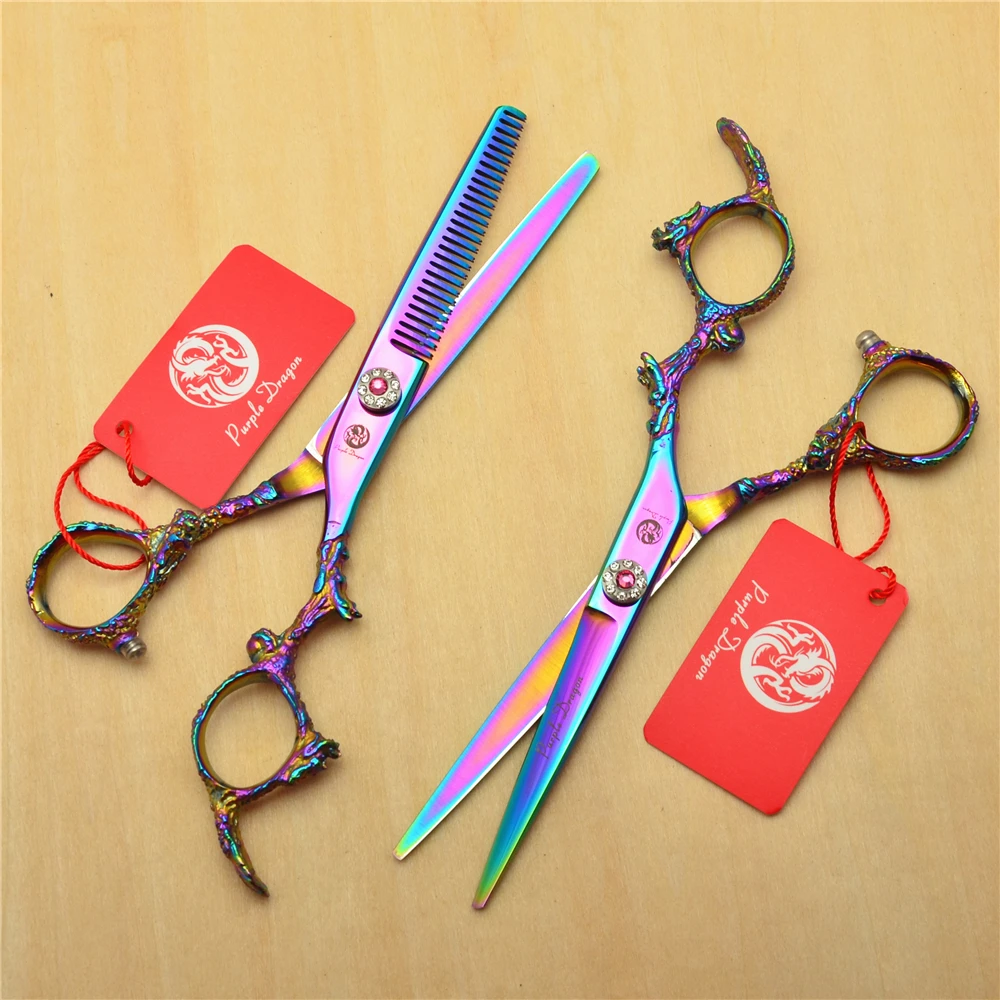 

2Pcs 6'' 17.5cm Purple 440C Professional Human Hair Scissors Hairdressing Shears Cutting + Thinning Shears Dragon Carving H9005
