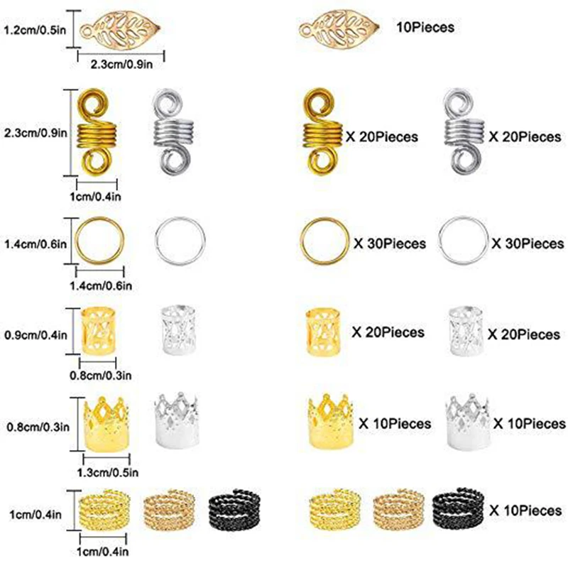 180 шт., кольца для волос, трубочки, бусины, серебро, золото, металлические манжеты для волос, ювелирные изделия для дредов, аксессуары, набор для косичек, дреды с коробкой