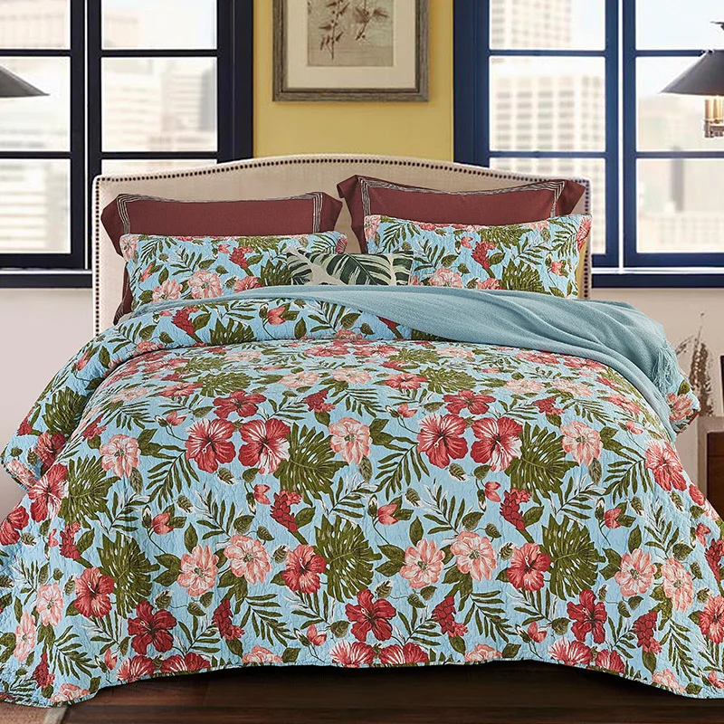 

CHAUSUB Flower Printed Quilt Set 3PCS Coverlet Set Washed Cotton Quilts Sheets Quilted Bedspread Bed Cover Pillowcase King Size