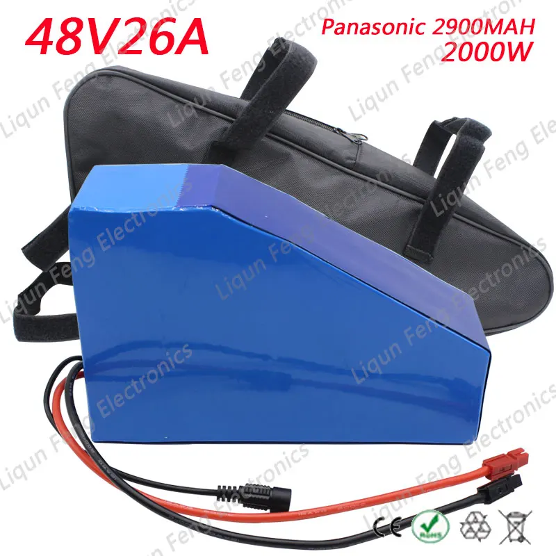 Best 2000W 48V Triangle Battery 48V 26AH Electric Bike Lithium ion Battery pack Use Panasonic 2900MAH cells 50A BMS 54.6V 2A charger 0