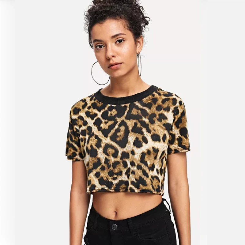 

Leopard print fashion summer women Crop top short sleeve sexy tunic t shirt slim vintage clothes 2019 O neck luxury streetwear