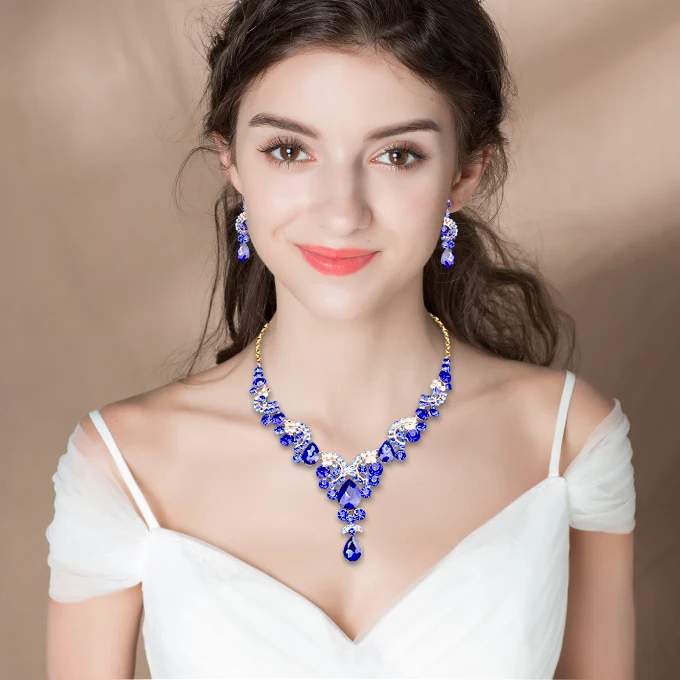 Fashion Indian Bridal Earrings Necklace Set Dubai Luxury Crystal