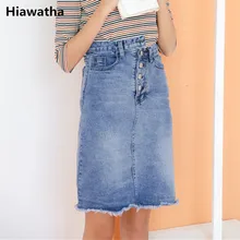 Hiawatha высокая Талия Асимметричный однобортный джинсовая юбка женская модная юбка с карманами SK576