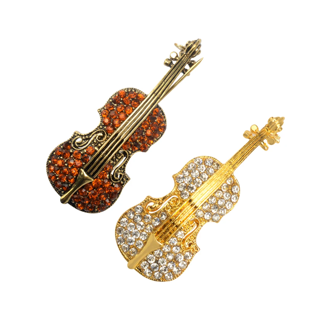 Women Men Retro Crystal Rhinestone Violin Cello Music Instrument Brooch Pin
