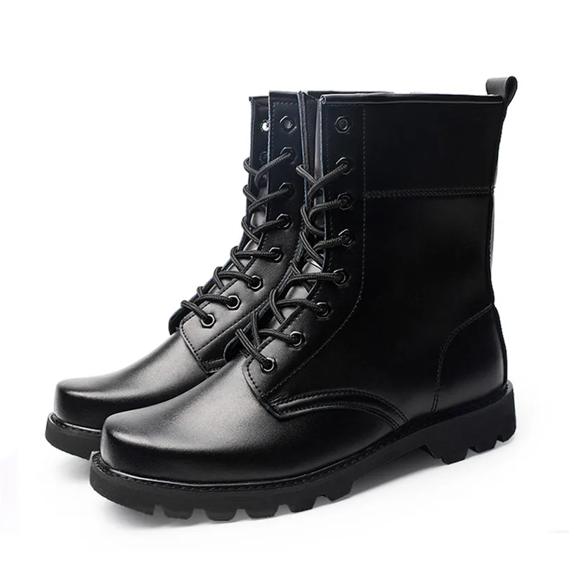 LIN KING Warm Plush Black Men Lace Up Motorcycle Boots Mid Calf Winter Shoes Steel Toe Puncture Proof Safety Man Military Boots