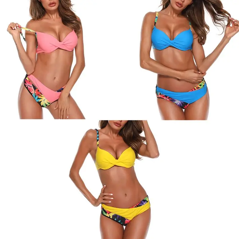 

Women Sexy Two-Piece Bikini Set Twist Ruched V-Neck Push Up Padded Bra Swimsuit Colored Tropical Leaves Printed Low Waist Briefs