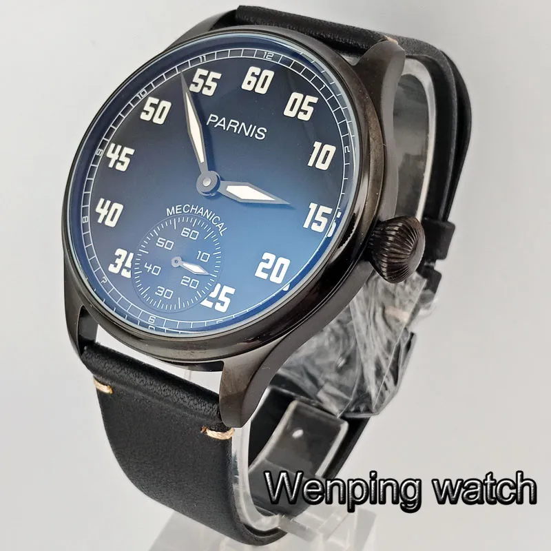 

Parnis 44mm Black PVD Case 6498 Hand Winding Movement special scratch proof mineral glass Men's Mechanical Wrist Watch