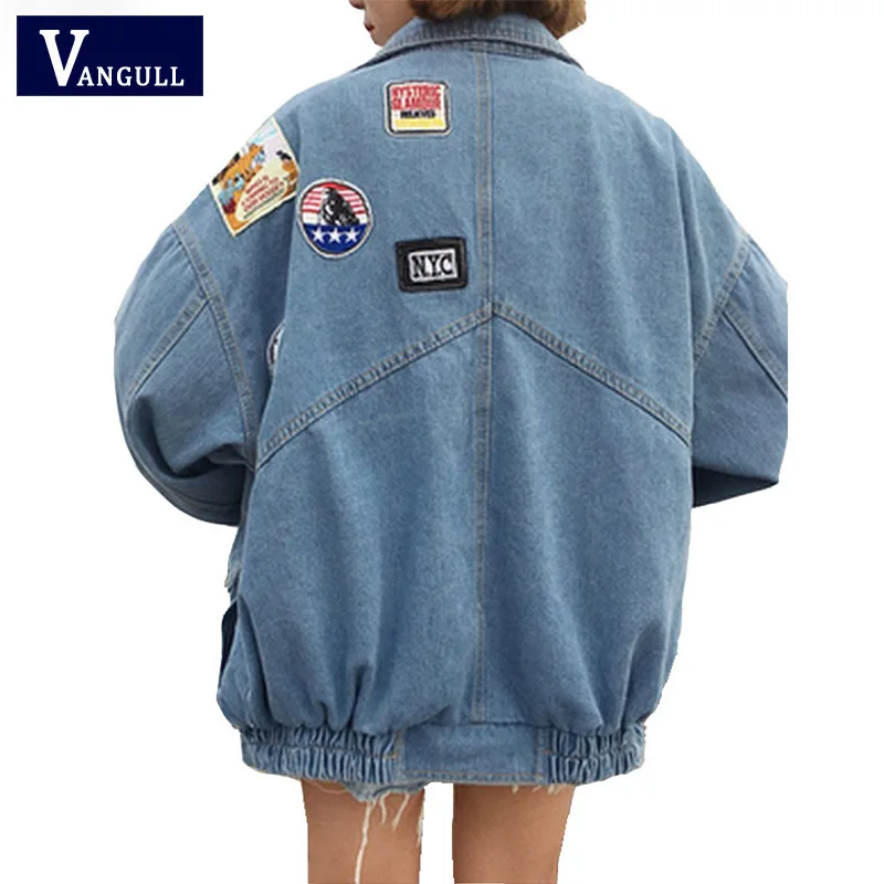 

Vangull Harajuku Denim Jackets Coat Women Patch Designs Long Sleeve Bomber Jacket Casual Loose Casaco Feminino Vintage Jaqueta