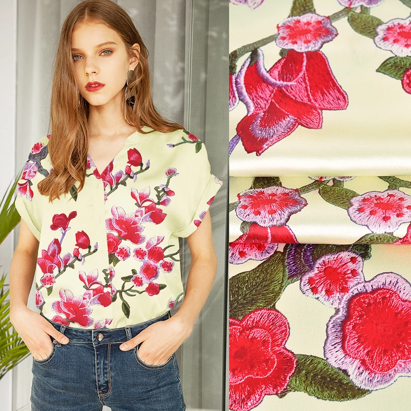 

118CM Wide 19MM Red Floral Print Stretch Light Yellow Silk Satin Fabric Good for Summer Dress Skirt Shirt Pants JH175