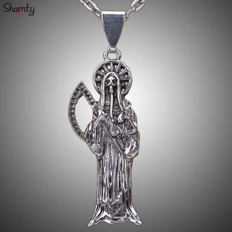 

Shamty Trendy Grim Reaper Necklace State Charms Antique Retro Silver Color Death Scythe Pendant Necklace Prevent D30009
