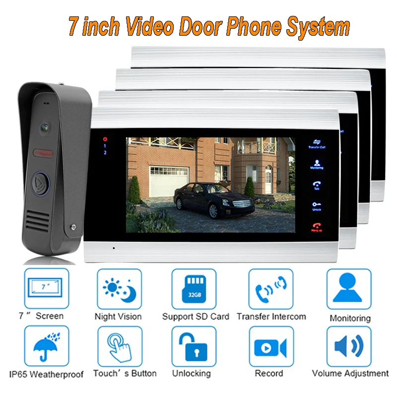 

2017 7" TFT Video Door Phone Intercom Doorbell Home Security Camera Monitor Night Vision Intercom Doorphone ip65 Rainproof 1V4