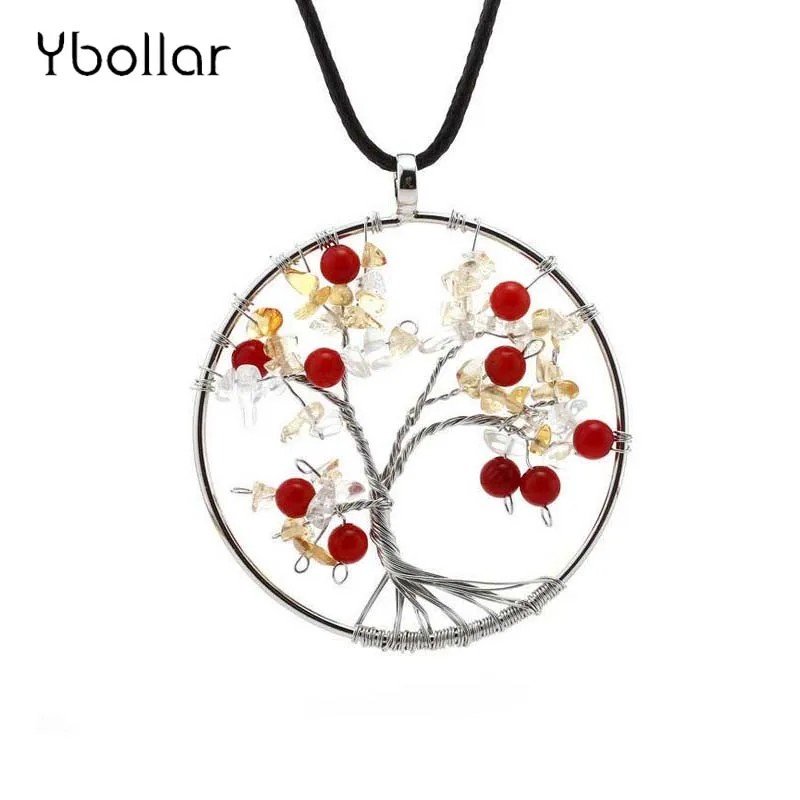

Women Natural Stone Tree of Life Quartz Chips Beads Pendant Necklace Handmade Wire Wrapped Jewelry Gift Sweater Chain
