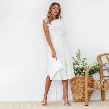 

Womens Vogue Casual Style Butterfly Sleeve Dress Women Hollow Out Midi Dress White Ruffles Solid Color O Neck Elegant Dresses