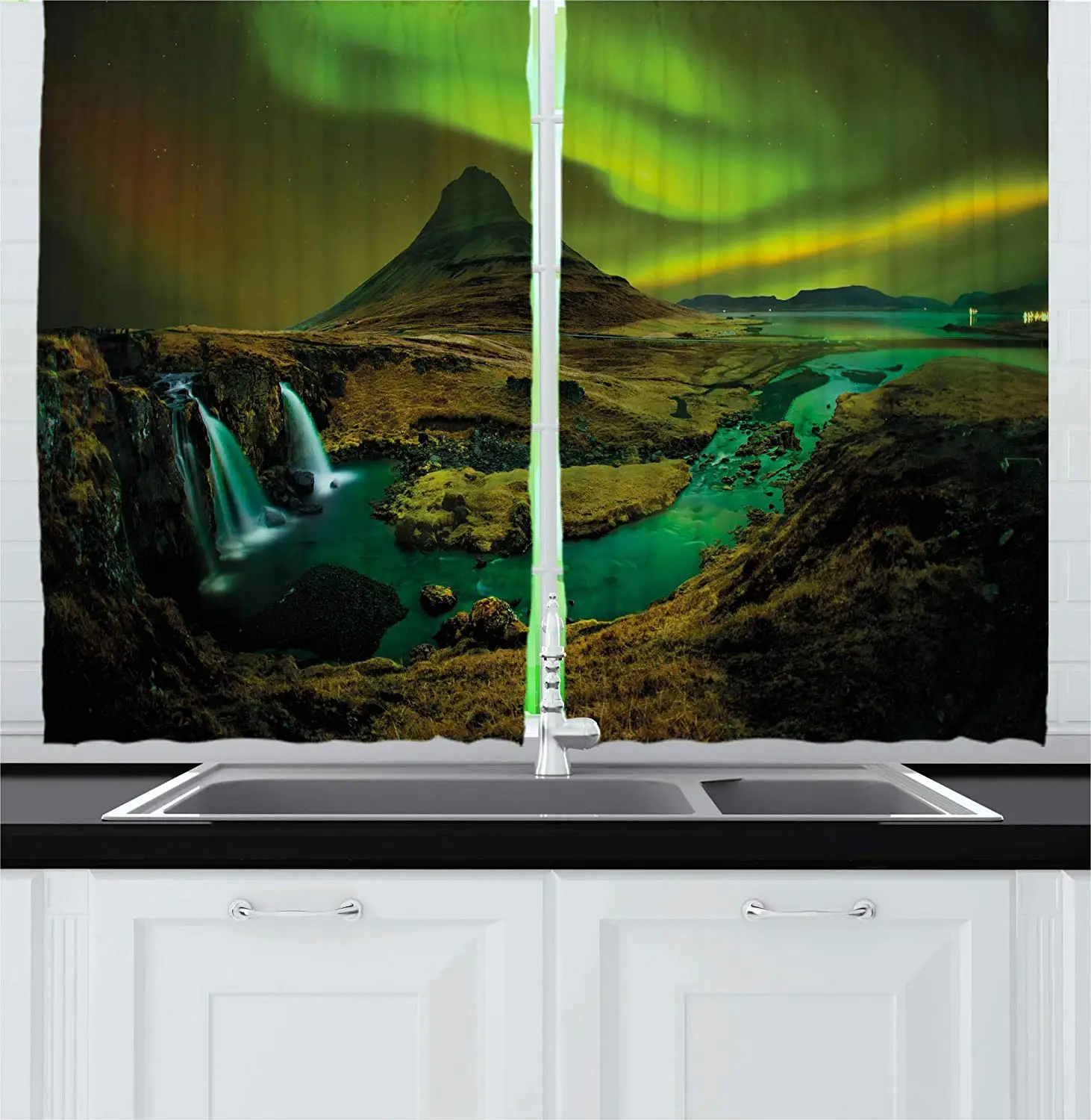 

Aurora Borealis Curtains Pale Weather Over The Hills with Waterfall Creek Nature Landscape Window Drapes for Living Room Bedroom
