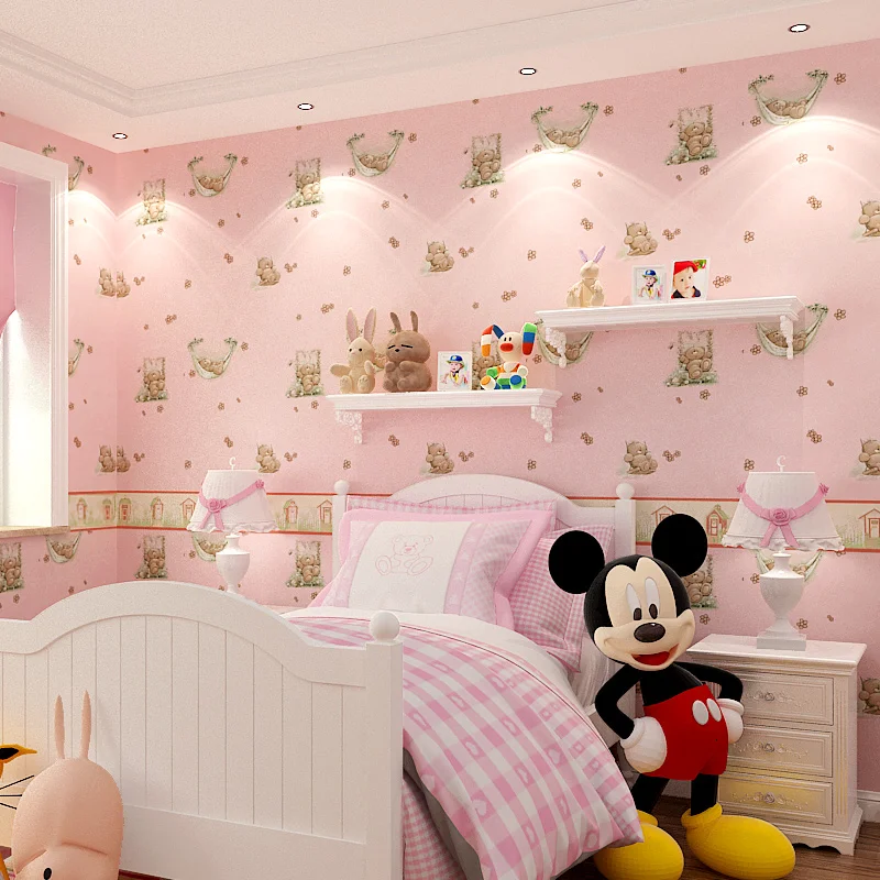 

New Cartoon sleeping,bear,children's room wall papers boy girl bedroom warm non-woven pink wallpaper green children's paradise