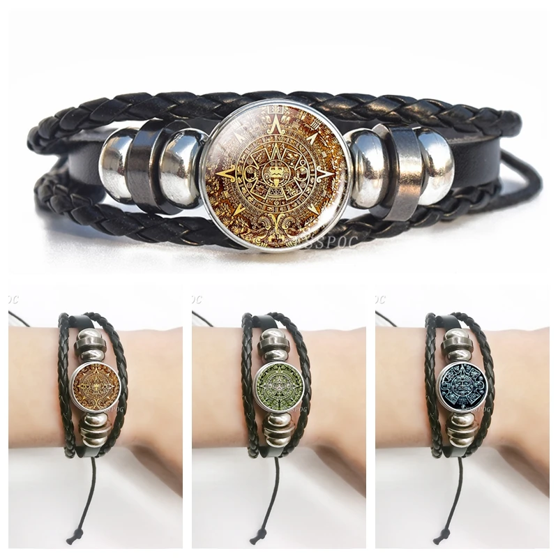 Aztec Jewelry Aztec Calendar Mexican Glass Dome Black Multi layer Leather Bracelet Steampunk