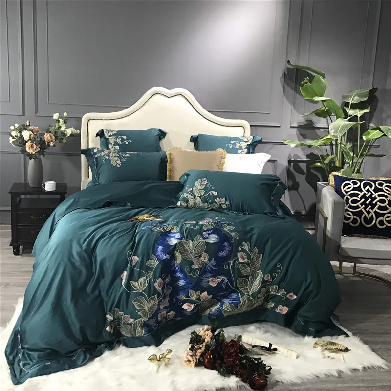 Luxury Green Blue 80s Egyptian Cotton Peacock Flowers Embroidery