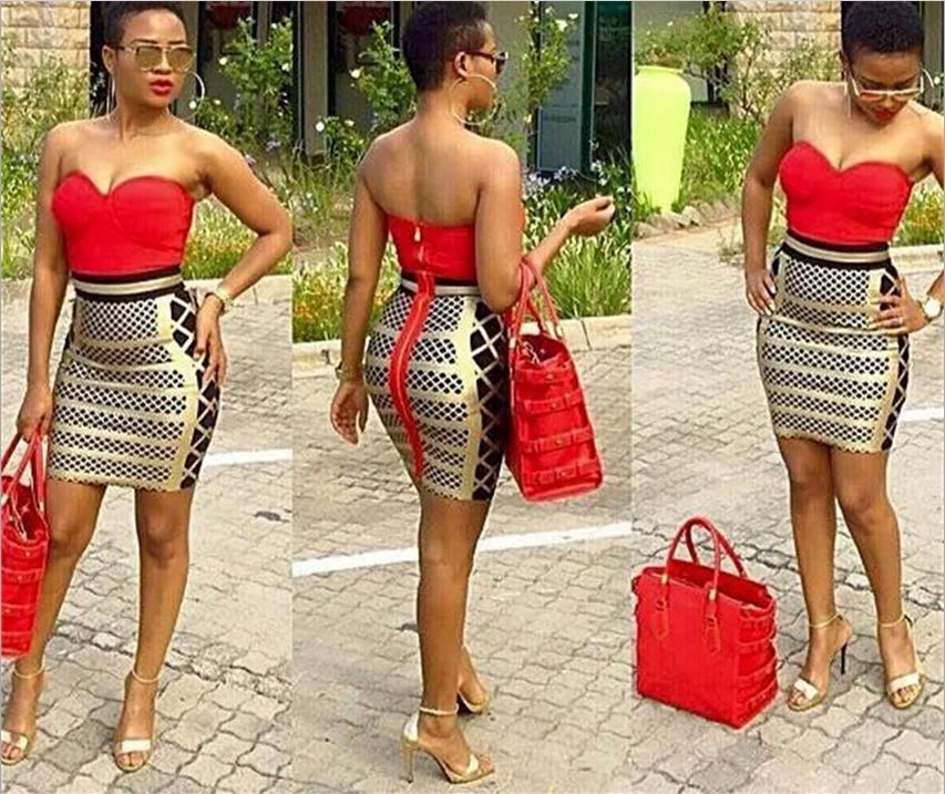 

Top Quality Celebrity Strapless Red Yellow Gold Print Rayon Bandage Dress Bright Dress To Party