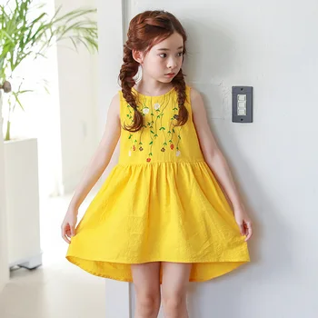 

2020 new cotton ruffles baby teenage girl cotton summer dresses for kids girl yellow irregular children girls princess dresses
