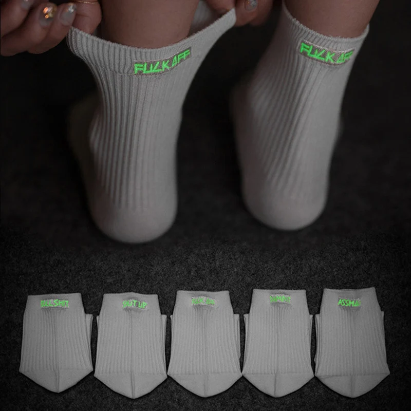 New-Fashion-Trend-Street-Harajuku-Socks-Women-Men-Embroidery-Letters-Funny-Socks-Black-White-Luminous-English