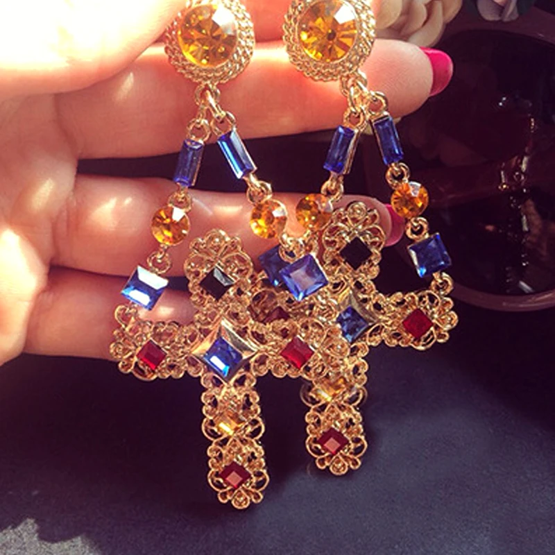 

Luxury Vintage Palace Blue Crystal Drop Earrings for Women Baroque Gold Cross Pendants Earrings Fashion Jewelry Brincos 2019