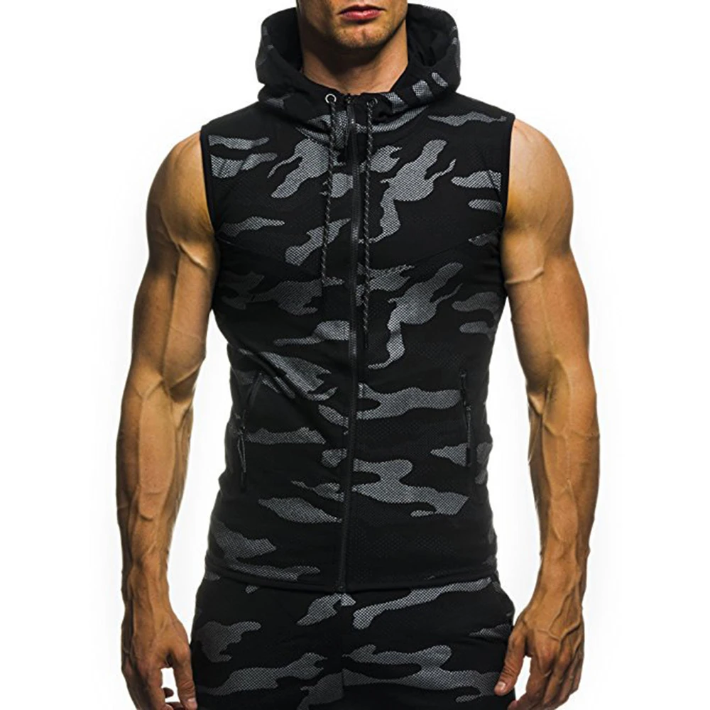 

MASCUBE Summer Men Muscle Sleeveless Zipper Camouflage Sport Hooded Vest Gym Top Tanks for Men Clothes Tops 2019