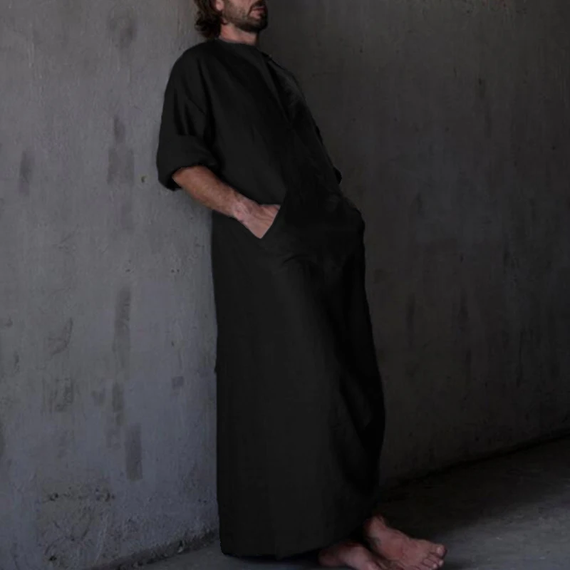 Ближнем Востоке Исламская человек Thobe кафтан Костюмы Hombre Для мужчин рубашки халат Хлопковое платье с длинными рукавами v-образным вырезом
