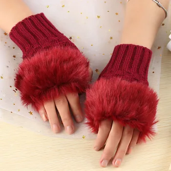 

1 Pair Wool Blend Faux Rabbit Fur Women Fingerless Gloves Knitted Crochet Winter Gloves Warm Mittens Female